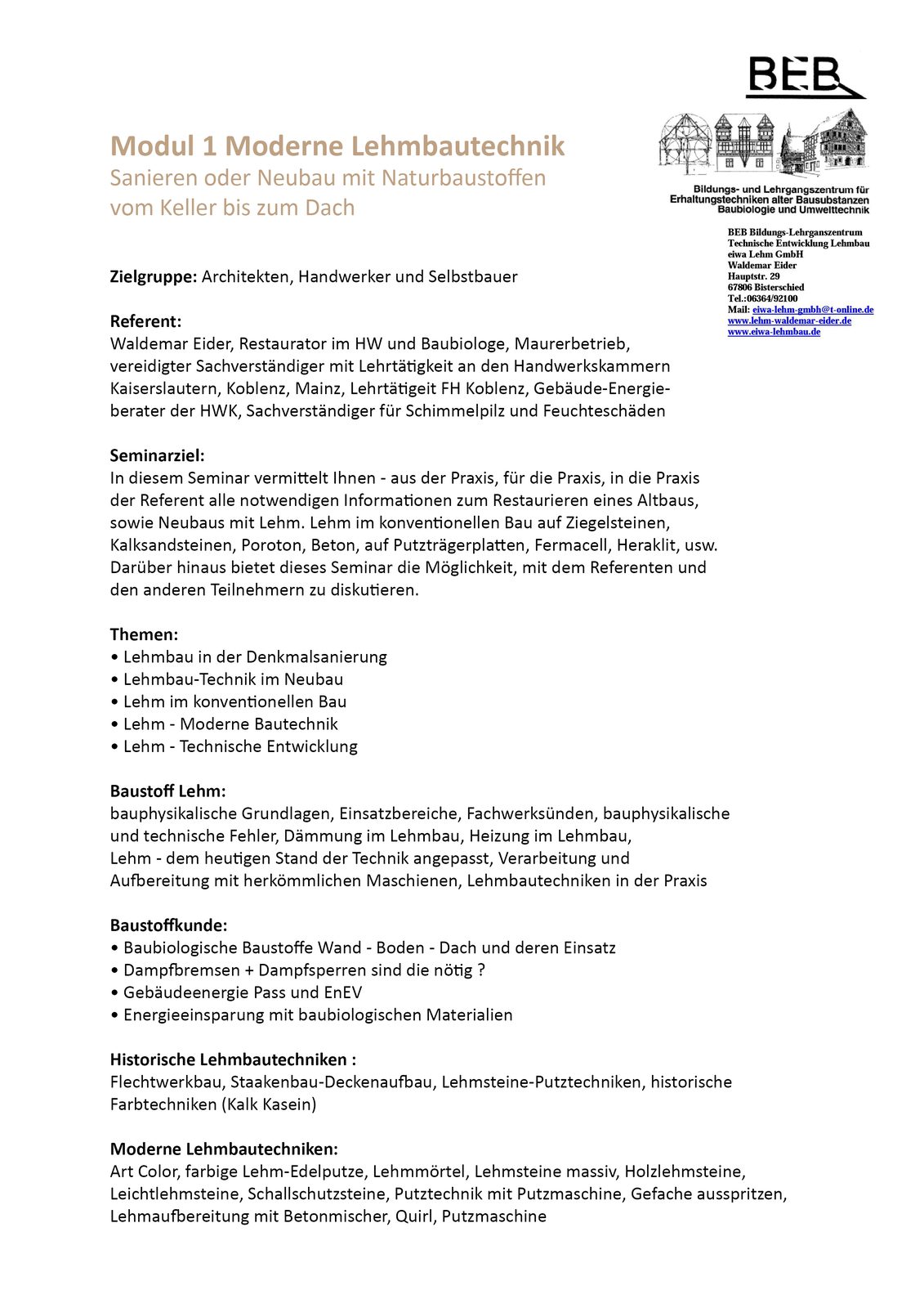 Seminarunterlagen Modul 1 – Moderne Lehmbautechnik